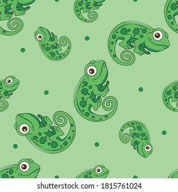 Caricatura Chameleon. Fondo del diseño del patrón de vectores sin foco