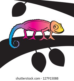 A cartoon chameleon colored in a gradient from cyan to yellow representing vibrant, vivid color and printing.