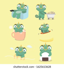 Cartoon chameleon cute illustration set.
