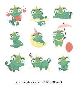 Cartoon chameleon cute illustration set.
