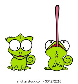 Cartoon chameleon cute illustration set smiling with tongue