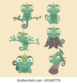 Cartoon Chameleon Cute Illustration Set.