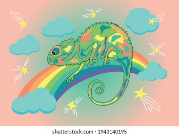 Cartoon Chameleon In Flat Style. Fabulous Hero. Vector Illustration. Chameleon On The Rainbow. Drawing As For A Children's Book Or Print.