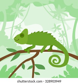 Cartoon Chameleon Green Jungle Forest Colorful Flat Retro Vector Illustration