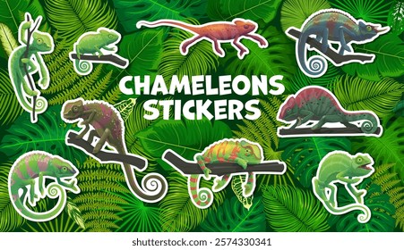 Cartoon chameleon lizards character stickers pack in jungle forest, vector animals. Funny colorful chameleons on tree branch, stickers set of exotic tropical lizard reptiles in palm leaves