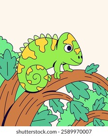 Cartoon chameleon on a branch with green leaf at the background in vector hand drawn style illustration suitable for wildlife conservation initiatives