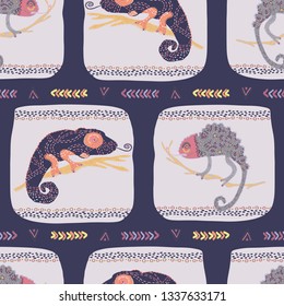 Cartoon chameleon textured lizard seamless pattern. Colorful reptile repeatable tile vector illustration. Pet store, kids camouflage design wallpaper. Hand drawn exotic animal silhouette background. 