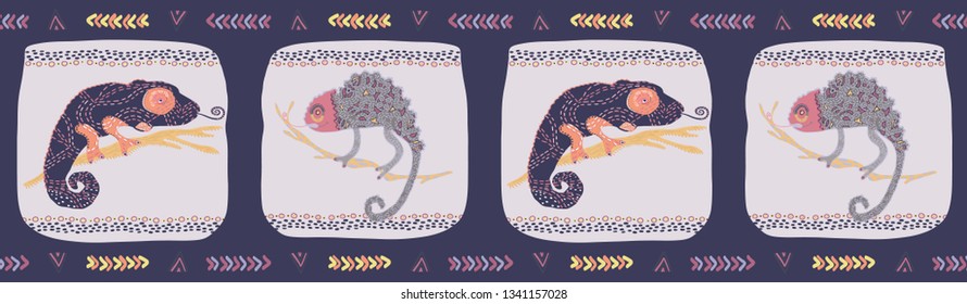 Cartoon chameleon textured lizard seamless border pattern. Colorful reptile repeatable vector illustration. Pet store, kids camouflage design banner ribbon trim. Hand drawn exotic animal edging. 