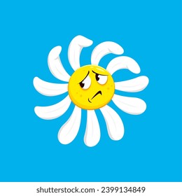 Cartoon chamomile, daisy flower character with sad face emotion. Vector forlorn camomile emotive floral personage with drooping petals, wear a frowning face, reflecting a poignant and melancholic mood