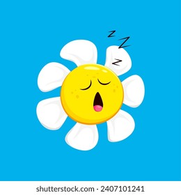 Cartoon chamomile, daisy flower character with sleepy face emotion. Isolated vector peaceful blossom emoji snoozes, emitting tranquility and serenity in its slumber, embodying essence of restful sleep