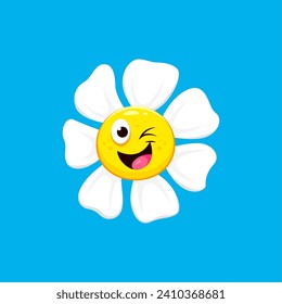 Cartoon chamomile, daisy flower character with playful face emotion. Isolated vector cute personage smile and wink eye. Positive emoticon, funny smiling blossom face. Emoji for apps and messages