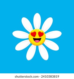 Cartoon chamomile, daisy flower character with loving face emotion. Isolated cheerful vector camomile with heart eyes radiates joy and positivity, spreading love through its enchanting floral charm