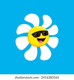 Cartoon chamomile, daisy flower character with happy face emotion. Isolated vector summer bloom, cool as a breeze, dons stylish sunglasses, exuding a laid-back charm that complements its groovy nature