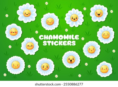 Cartoon chamomile face, daisy flowers characters stickers on green grass field vector background. Cute kawaii camomile floral emojis with happy faces. Funny chamomile flowers of white blooming petals