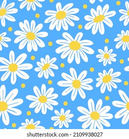 Cartoon chamomile seamless pattern, daisy floral print. Cute white yellow meadow flowers. Natural spring decoration. Camomile vector texture. Kitchen tablecloth or nursery wallpaper
