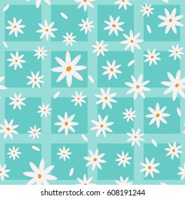 Cartoon chamomiles and petals. Floral elements scattered on a checkered background. Seamless pattern. Vector illustration. Blue, white, grey.