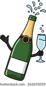 Cartoon champagne bottle character with arms pops cork and holds a glass filled with bubbly liquid on white background in cheerful and festive style.