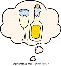 cartoon champagne bottle and glass with thought bubble in comic book style