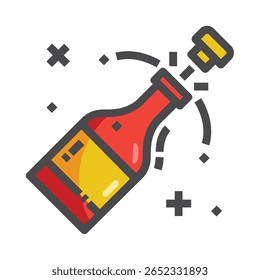 Cartoon Champagne Garrafa Popping com Confete, Vermelho e amarelo C