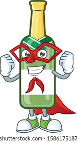 A cartoon of champagne green bottle wearing costume of Super hero