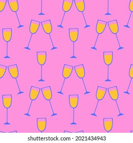 Cartoon champagne seamless pattern. Hand drawn glass, yellow sparkling liquid in wineglass, alcoholic drink collection. Pink background. Decor textile, wrapping paper wallpaper vector print or fabric