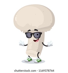 cartoon champignon character mascot in black sunglasses on a white background