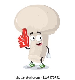 cartoon champignon character mascot with the number 1 one sports fan hand glove on a white background