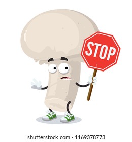 cartoon champignon mascot with tablet stop in hand on white background