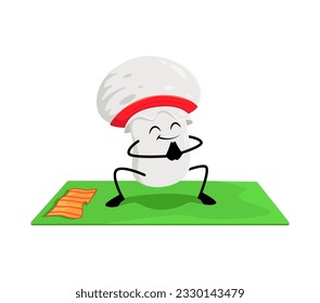 Cartoon champignon mushroom vegetable character on yoga fitness sport promoting wellness and healthy living. Vector food personage stand on mat inspiring balance and flexibility in both body and mind
