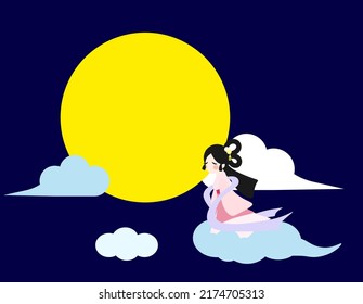 Cartoon Chang'e flying to the moon above clouds. Asian moon goddess of mid-autumn festival fairytale story. Flat design wallpaper, vector, illustration, EPS10