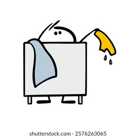 Cartoon changing booth on the beach. Vector illustration of stickman swimming in the sea and taking off his wet swimming trunks and he wipes himself with a towel. Isolated funny character.