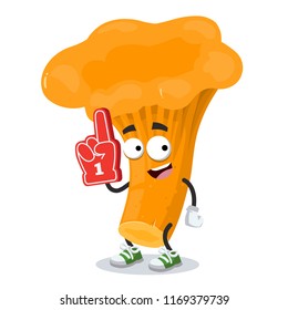 cartoon chanterelle character mascot with the number 1 one sports fan hand glove on a white background