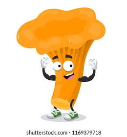 cartoon chanterelle mascot shows its strength on a white background