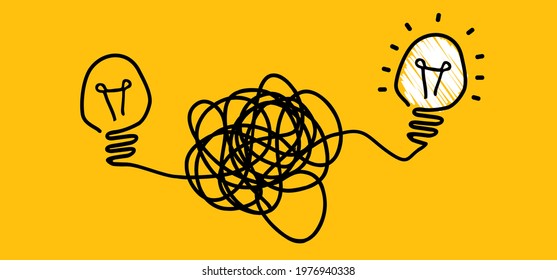 Cartoon chaotic or chaos and order. Comic brain electric lamp idea doodle. FAQ, business loading concept. Fun vector light bulb icon. Brilliant lightbulb education  or invention pictogram banner