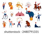 Cartoon chapito circus people characters and animals. Vector acrobat, clown, juggler and magician personages. Cute elephant, lion, horse and bear, trapeze girl and strongman performers at circus stage