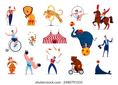 Cartoon chapito circus people characters and animals. Vector acrobat, clown, juggler and magician personages. Cute elephant, lion, horse and bear, trapeze girl and strongman performers at circus stage