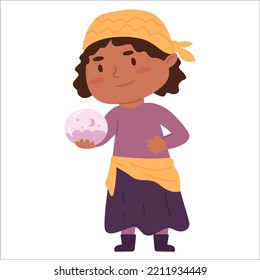 Cartoon charachter for halloween. Fortune teller predicts with magic ball.