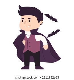 Cartoon Charachter For Halloween. Kid In Costume Of Vampire With Fangs And Bats Around.