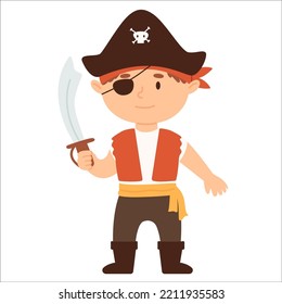 Cartoon Charachter For Halloween. Kid In Costume Of Pirate With Saber, Hat And Eye Patch. Costume For Party.