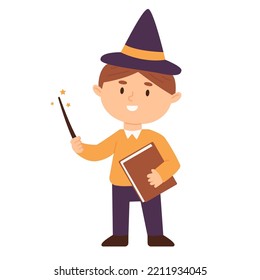 Cartoon charachter for halloween. Little wizard with magic stick and book of spells.