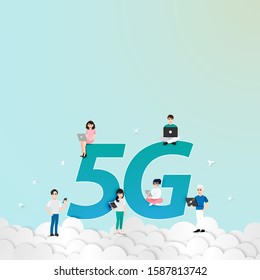 Cartoon character with 5G network wireless technology. Young people use smartphone ,tablet and laptop high-speed internet on the sky.  Big letters 5G vector