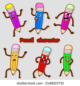 Cartoon character with 6 pencils, different poses, purple, red, yellow, blue, pink and green. Doodle vector illustration.