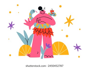 Cartoon character aboriginal in the jungle. Landscape of the beach, desert, prehistoric African man in a swimsuit. Vector groovy illustration in doodle retro style