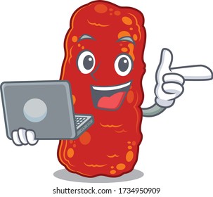 Cartoon character of acinetobacter bacteria clever student studying with a laptop