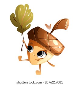 Cartoon character acorn carries a green oak leaf.