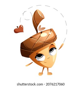 Cartoon character acorn throws a leaf in the form of a heart into the air, an air kiss.