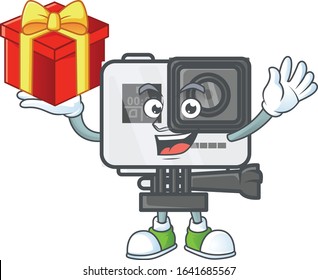cartoon character of action camera with a box of gift