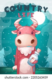 Cartoon character adorable animal cow with milk bottle