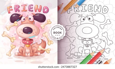 Cartoon character adorable animal dog, lovely puppy idea for print t-shirt, poster and kids envelope, postcard. Cute hand drawn style pet coloring book. Vector eps 10