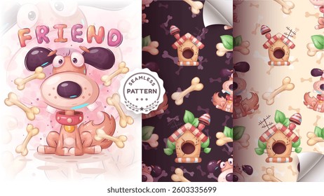 Cartoon character adorable animal dog, lovely puppy idea for print t-shirt, poster and kids envelope, postcard. Cute hand drawn style pet. Vector eps 10